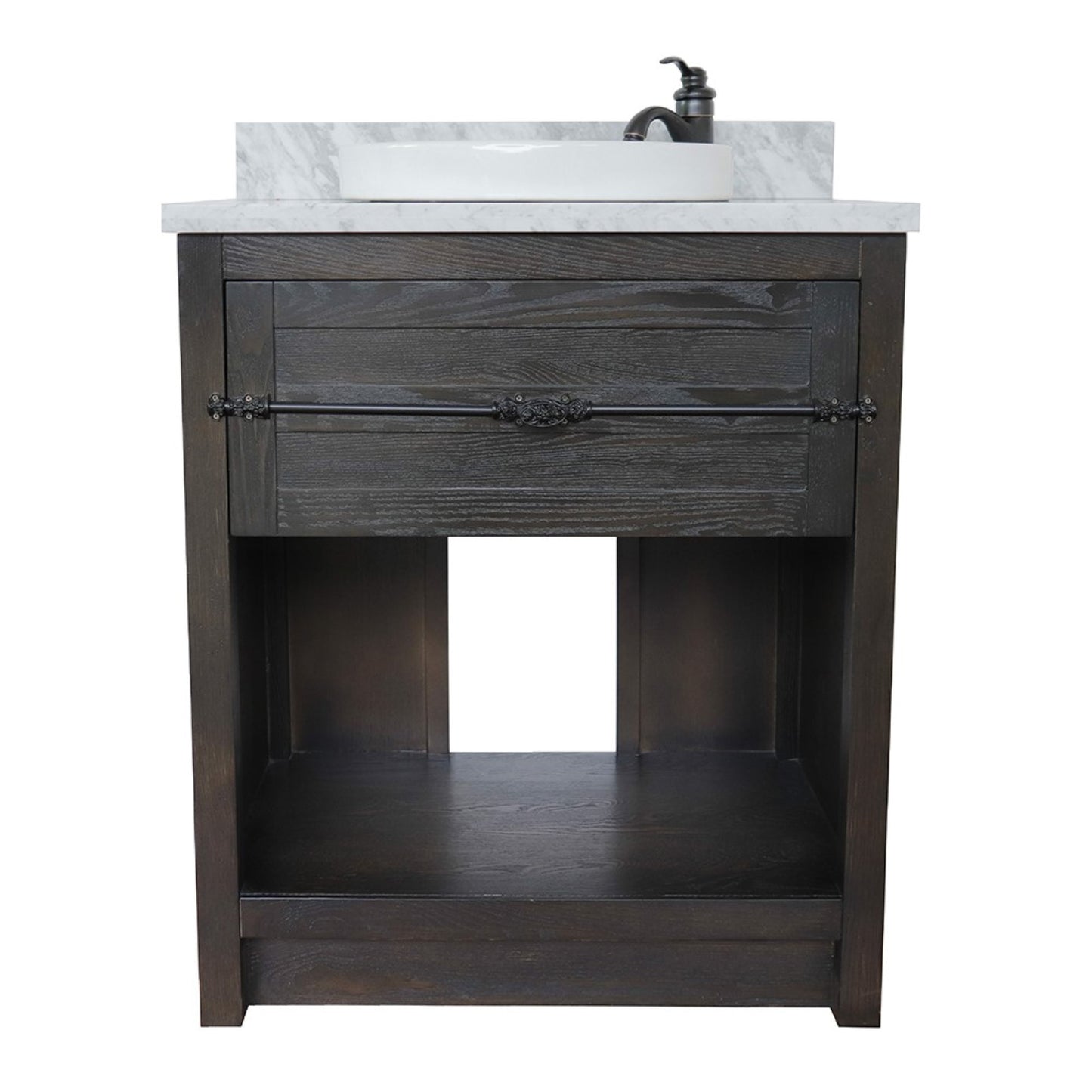 31" Single vanity in Brown Ash finish with White Carrara top and round sink
