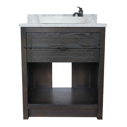 31" Single vanity in Brown Ash finish with White Carrara top and round sink