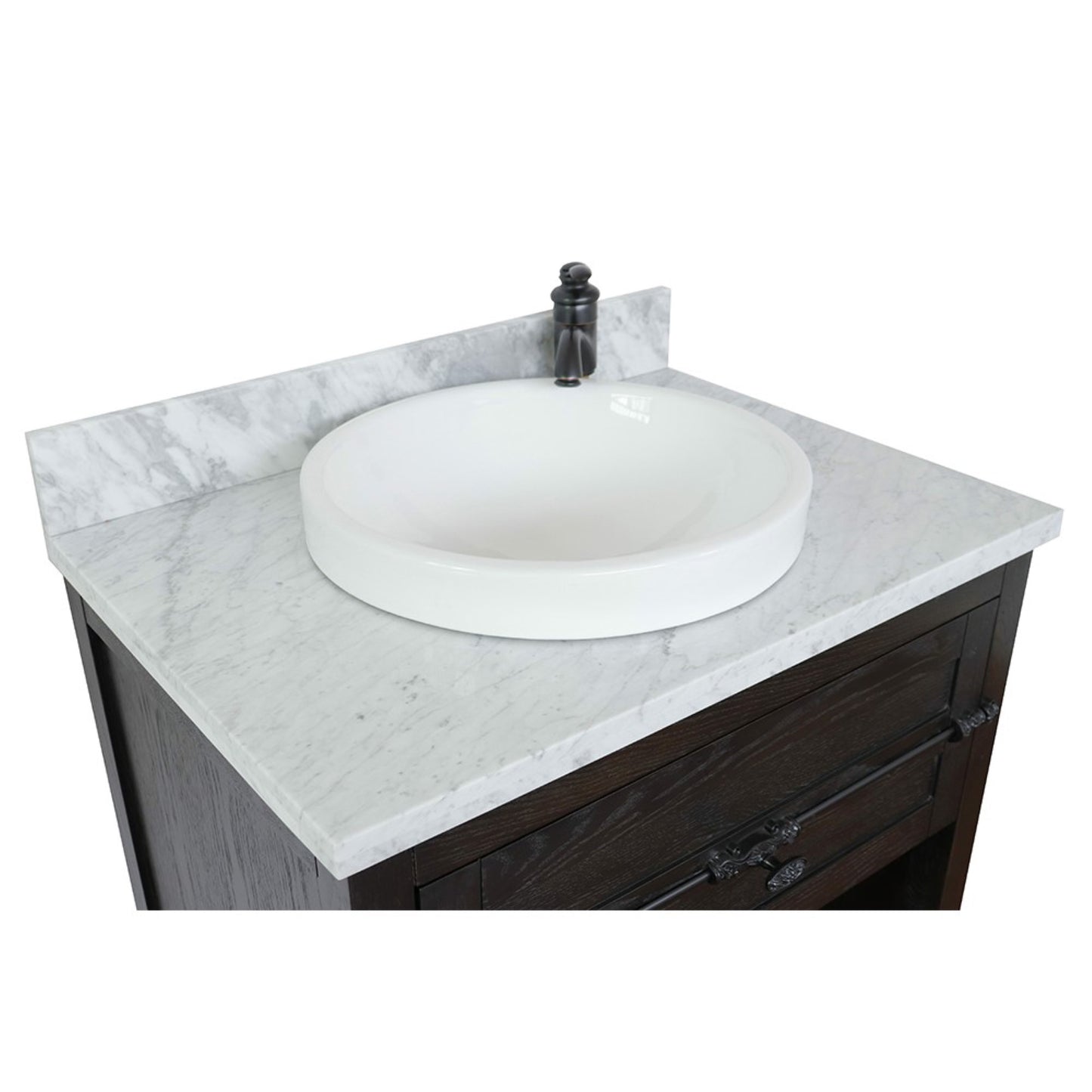 31" Single vanity in Brown Ash finish with White Carrara top and round sink