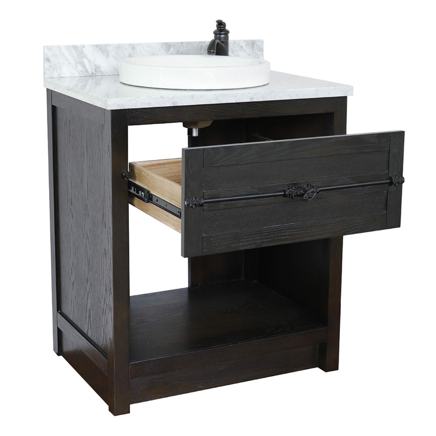 31" Single vanity in Brown Ash finish with White Carrara top and round sink