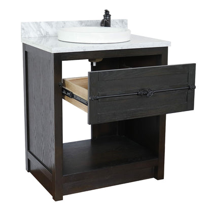 31" Single vanity in Brown Ash finish with White Carrara top and round sink