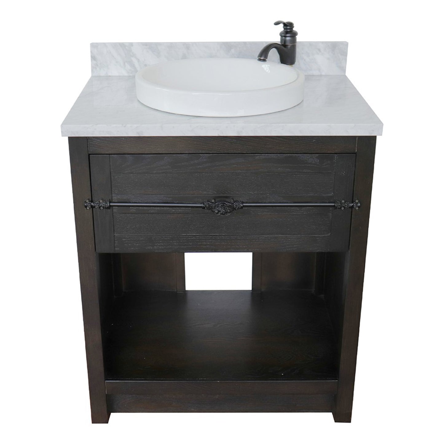 31" Single vanity in Brown Ash finish with White Carrara top and round sink