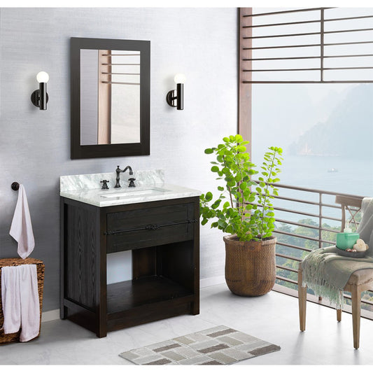 31" Single vanity in Brown Ash finish with White Carrara top and rectangle sink
