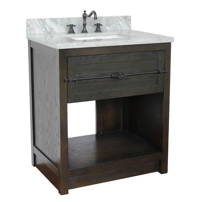 31" Single vanity in Brown Ash finish with White Carrara top and rectangle sink