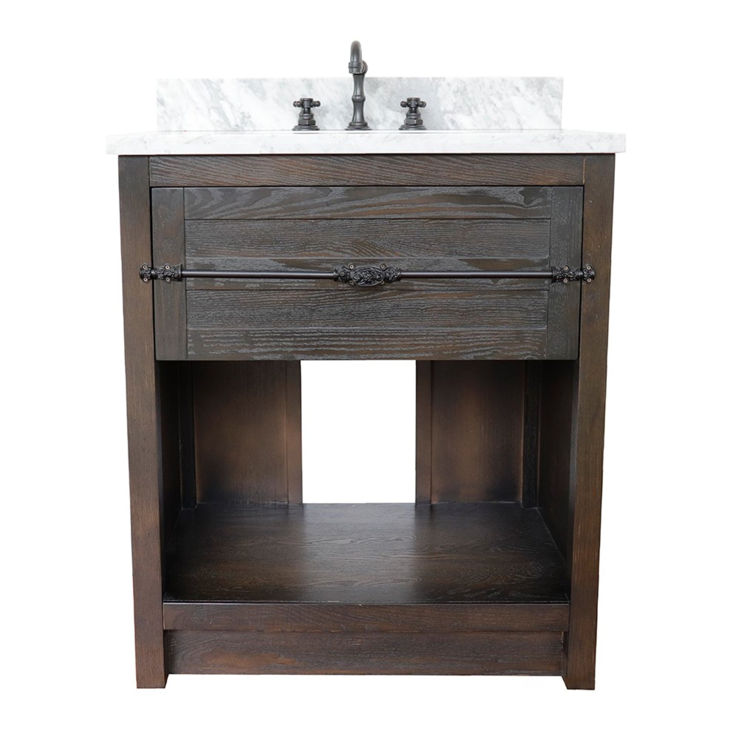 31" Single vanity in Brown Ash finish with White Carrara top and rectangle sink