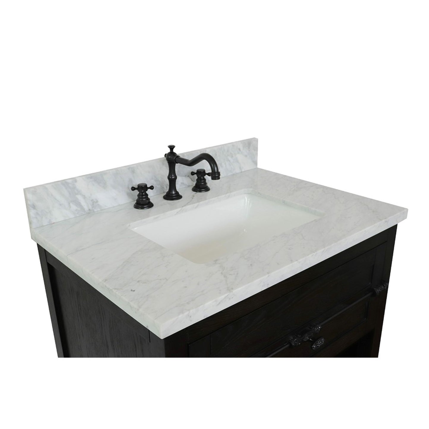31" Single vanity in Brown Ash finish with White Carrara top and rectangle sink