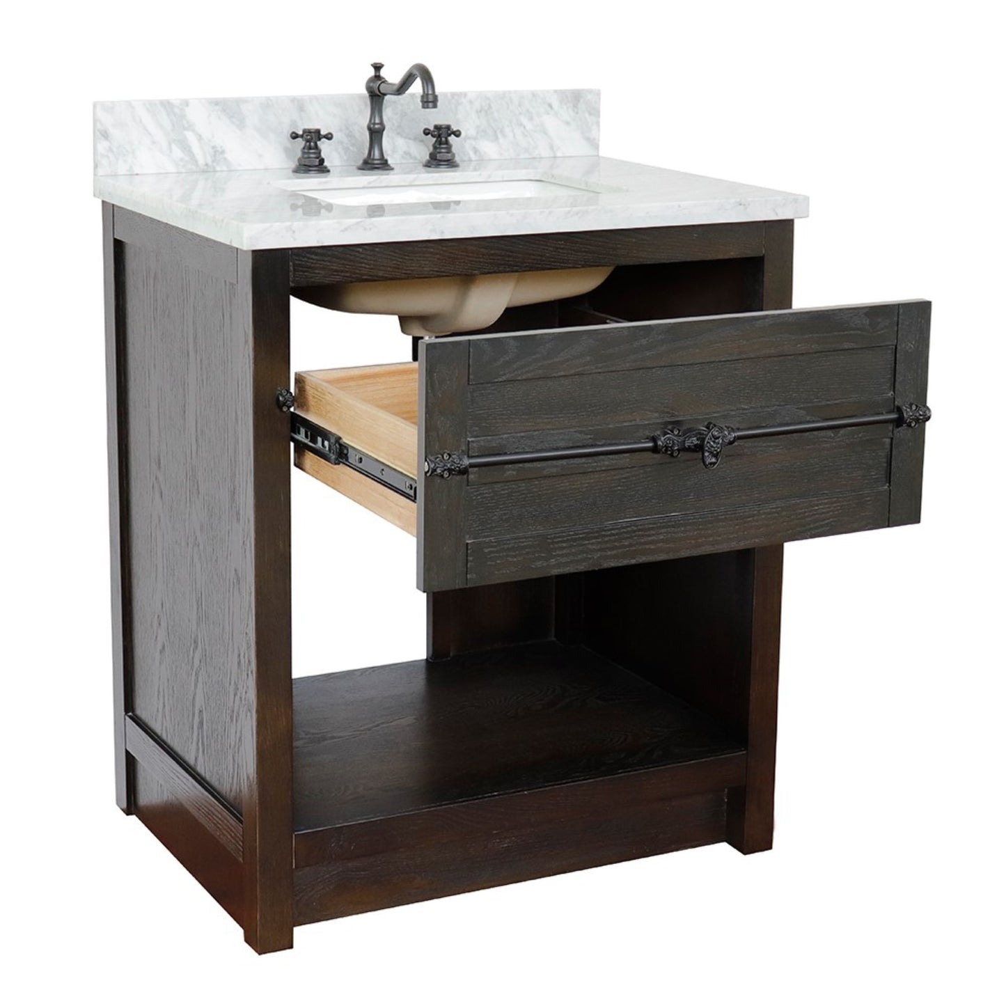31" Single vanity in Brown Ash finish with White Carrara top and rectangle sink