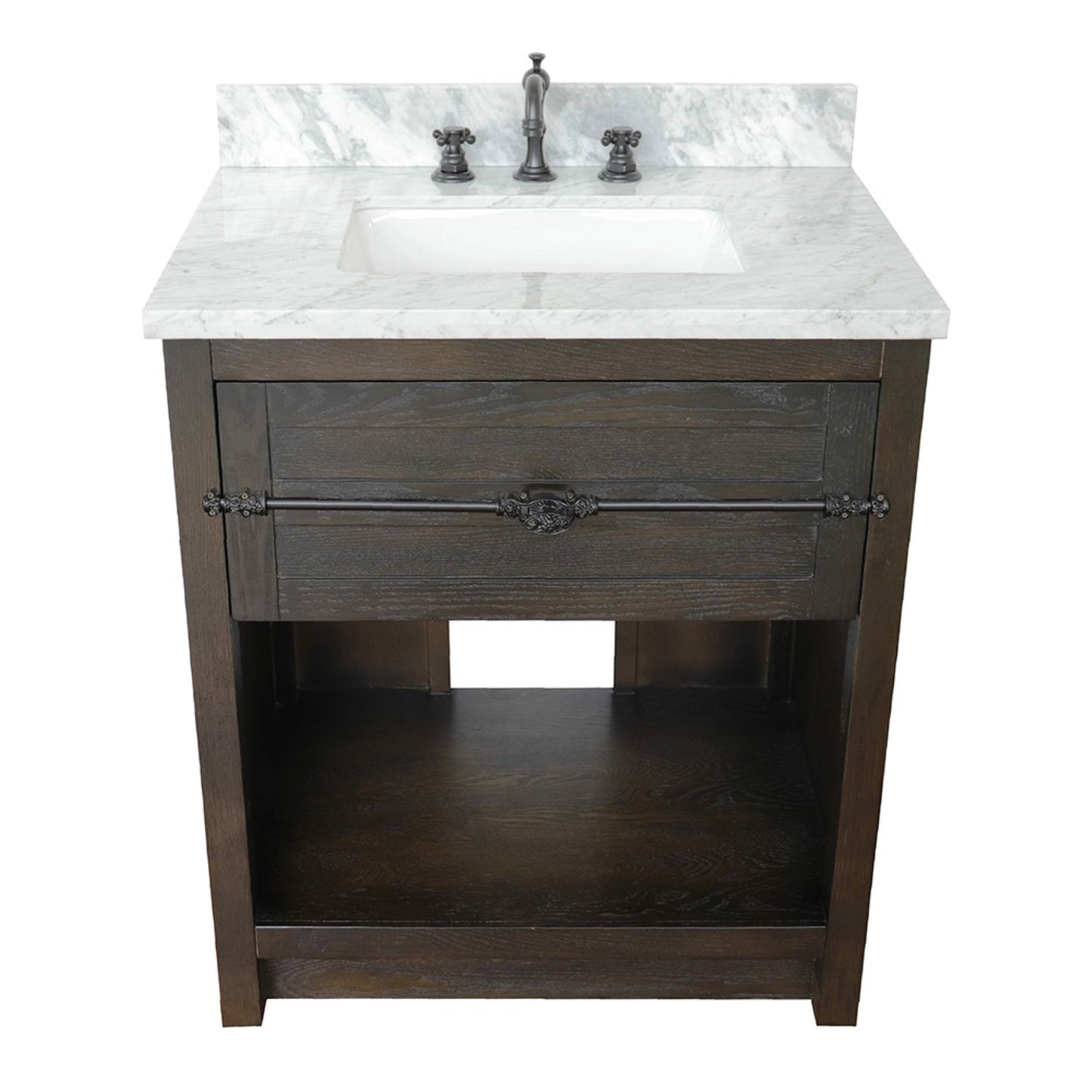 31" Single vanity in Brown Ash finish with White Carrara top and rectangle sink