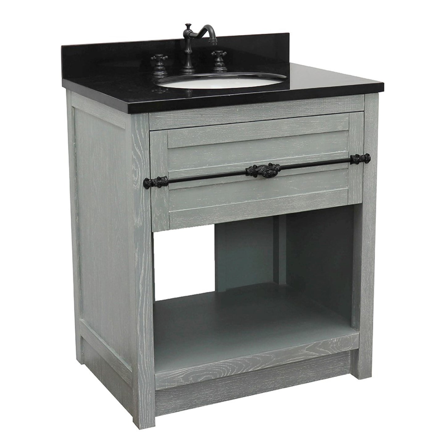 31" Single vanity in Gray Ash finish with Black Galaxy top and oval sink