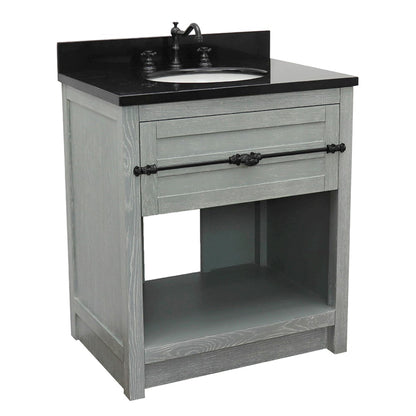 31" Single vanity in Gray Ash finish with Black Galaxy top and oval sink