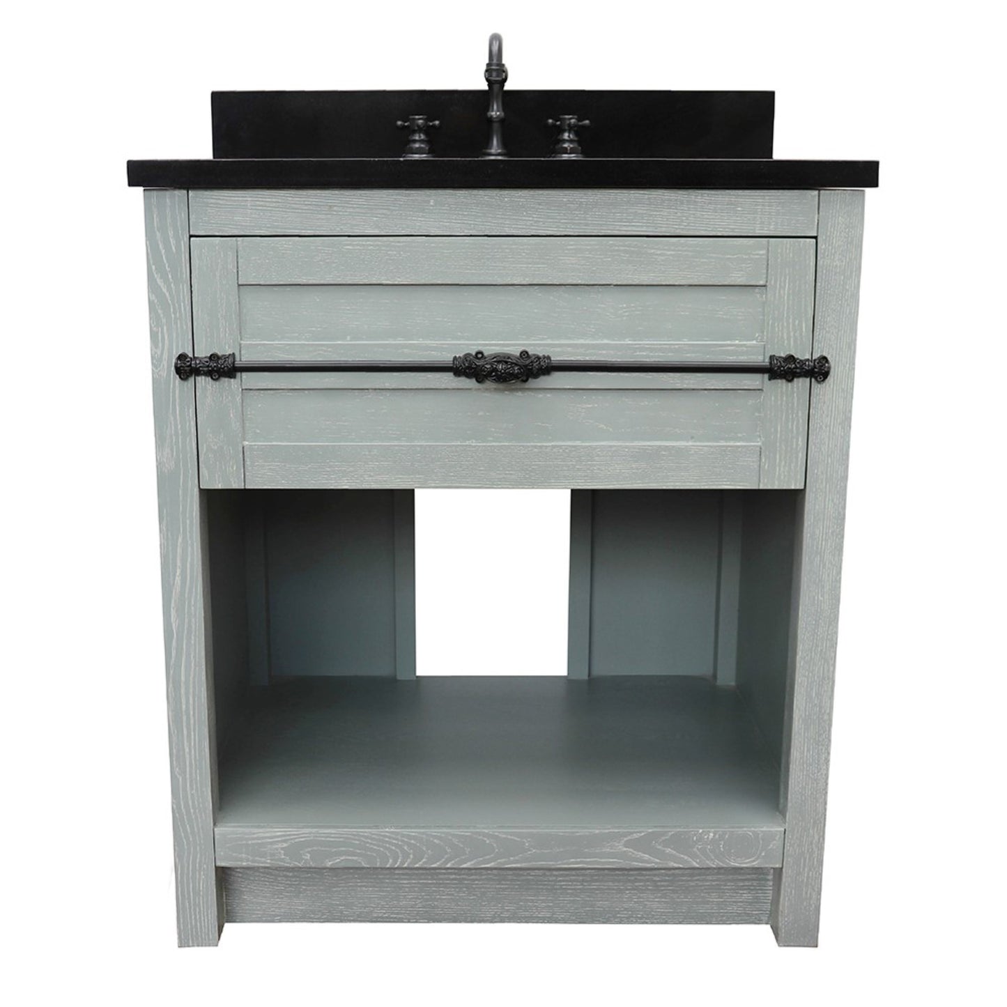 31" Single vanity in Gray Ash finish with Black Galaxy top and oval sink