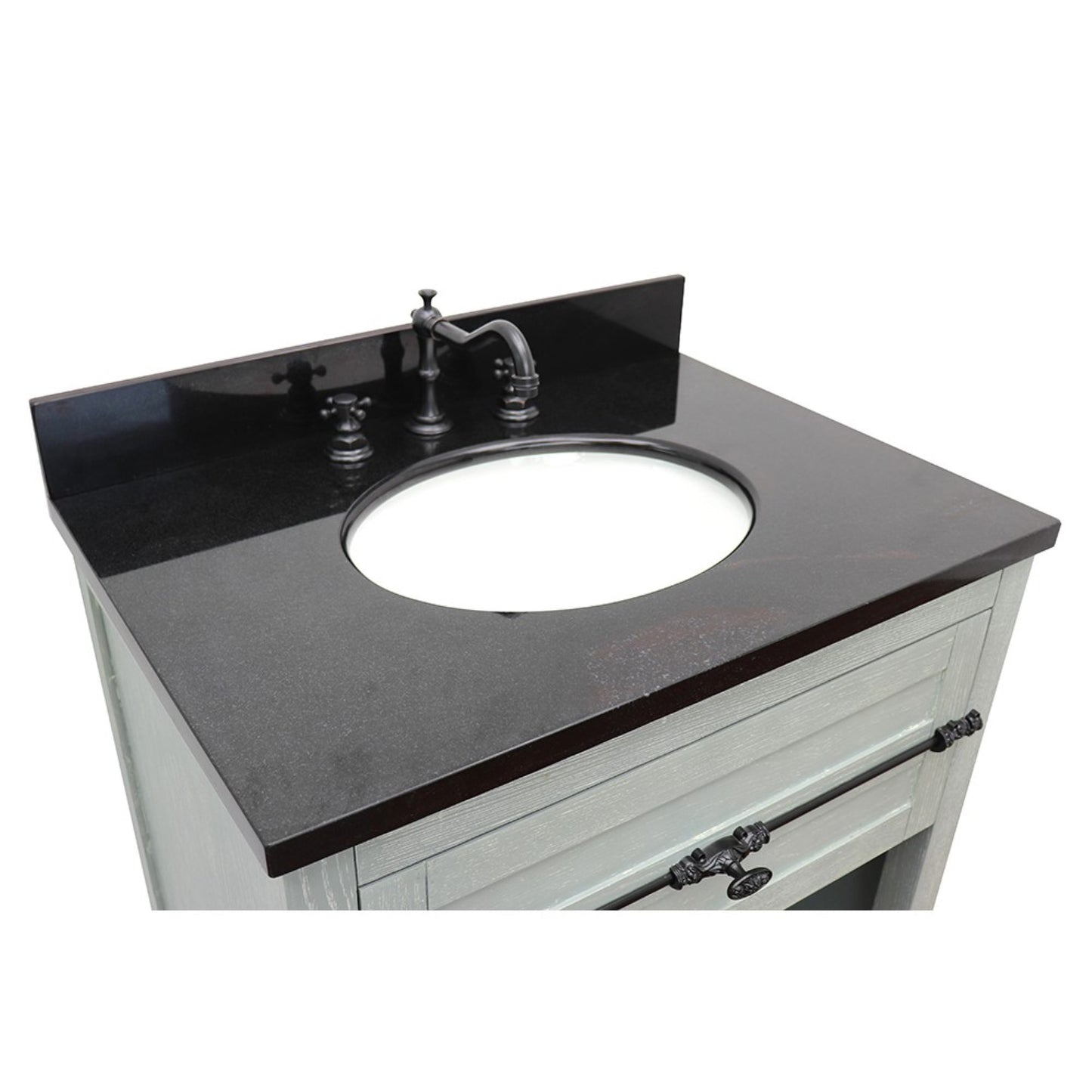 31" Single vanity in Gray Ash finish with Black Galaxy top and oval sink