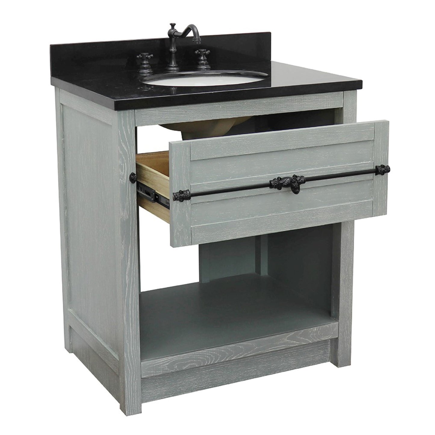 31" Single vanity in Gray Ash finish with Black Galaxy top and oval sink
