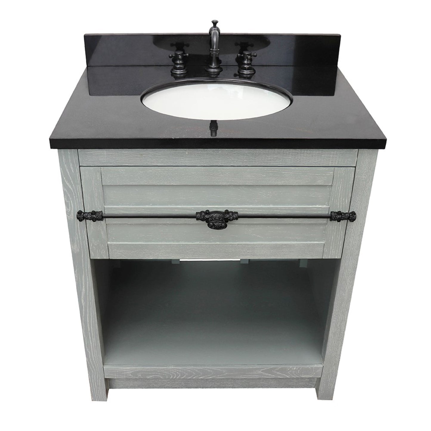 31" Single vanity in Gray Ash finish with Black Galaxy top and oval sink