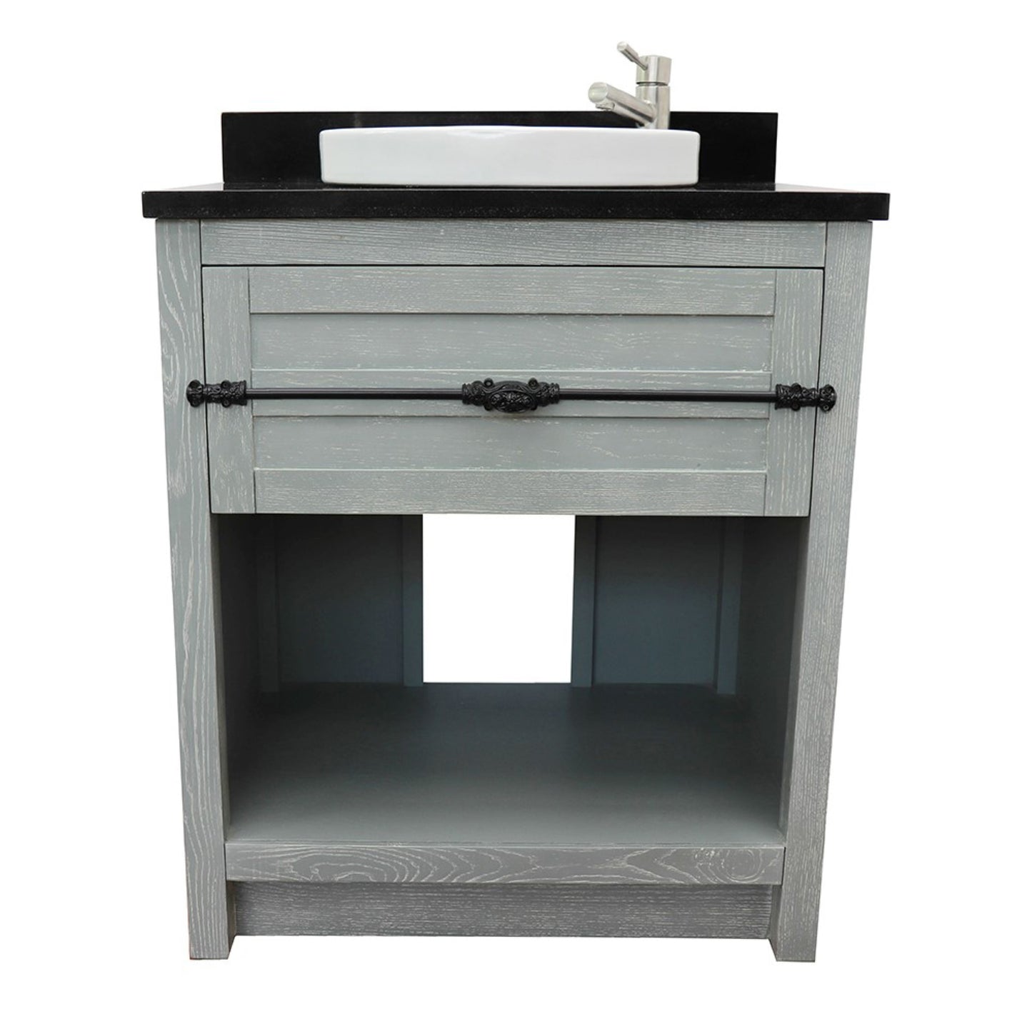 31" Single vanity in Gray Ash finish with Black Galaxy top and round sink
