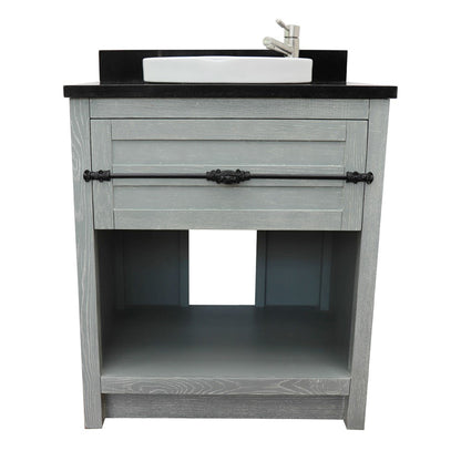 31" Single vanity in Gray Ash finish with Black Galaxy top and round sink