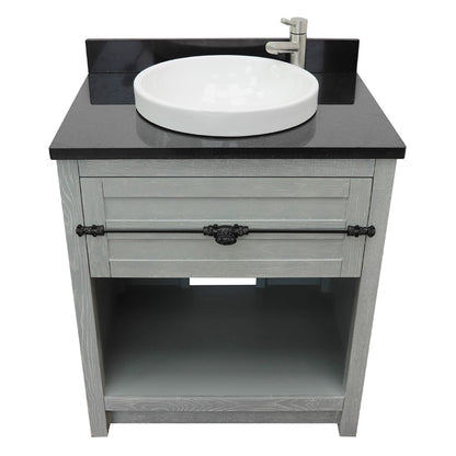 31" Single vanity in Gray Ash finish with Black Galaxy top and round sink
