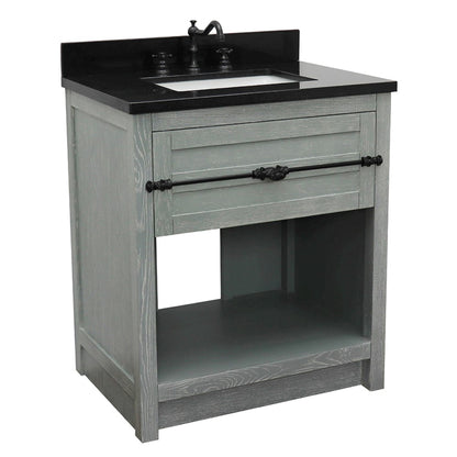 31" Single vanity in Gray Ash finish with Black Galaxy top and rectangle sink