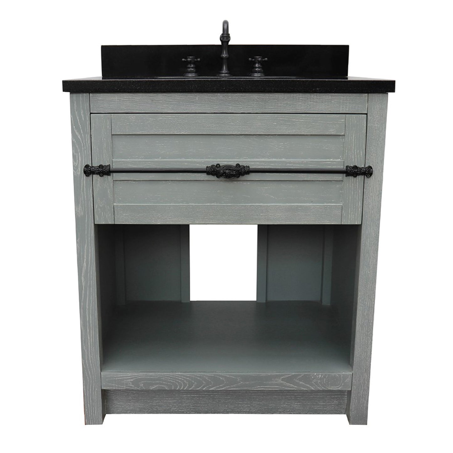 31" Single vanity in Gray Ash finish with Black Galaxy top and rectangle sink