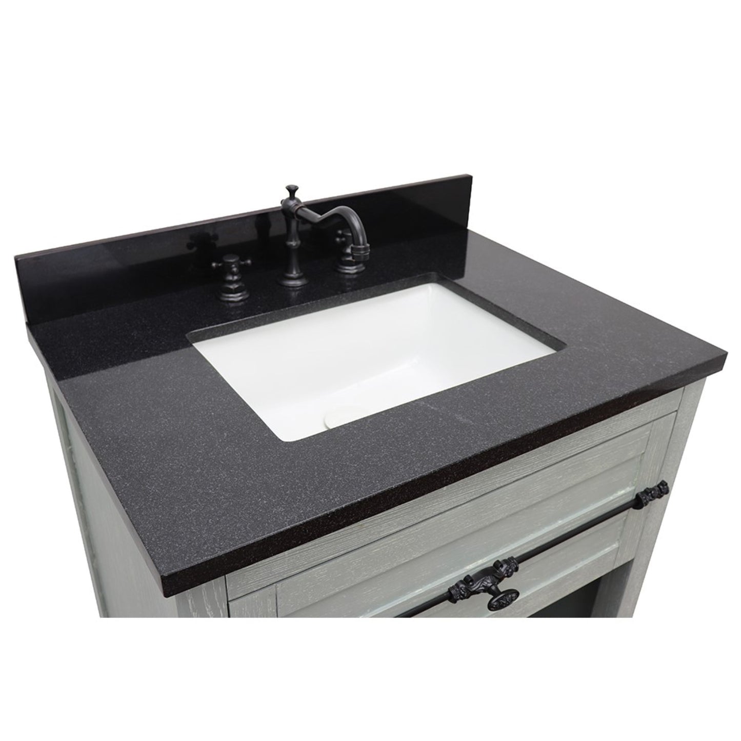 31" Single vanity in Gray Ash finish with Black Galaxy top and rectangle sink