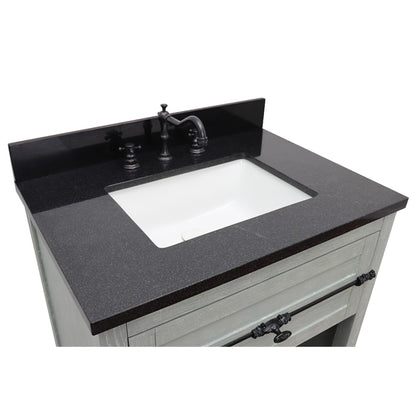 31" Single vanity in Gray Ash finish with Black Galaxy top and rectangle sink