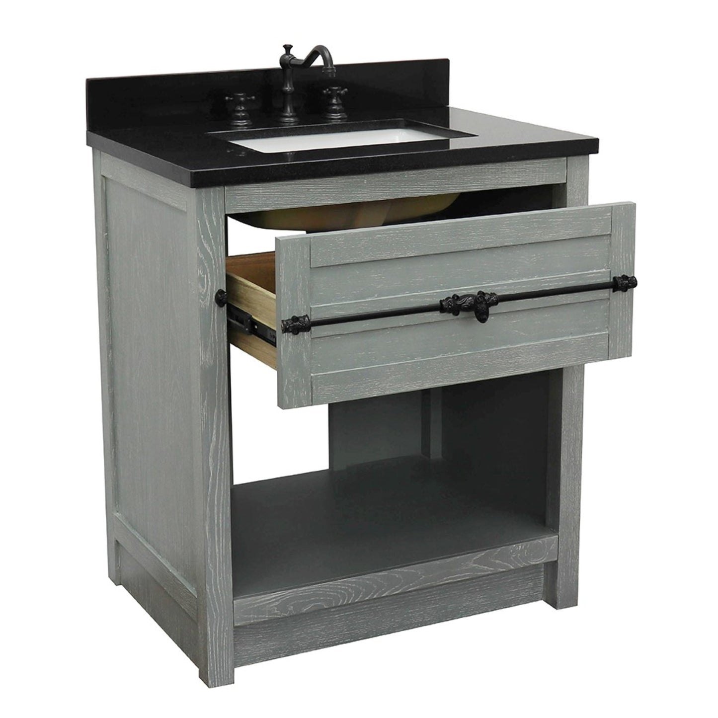 31" Single vanity in Gray Ash finish with Black Galaxy top and rectangle sink