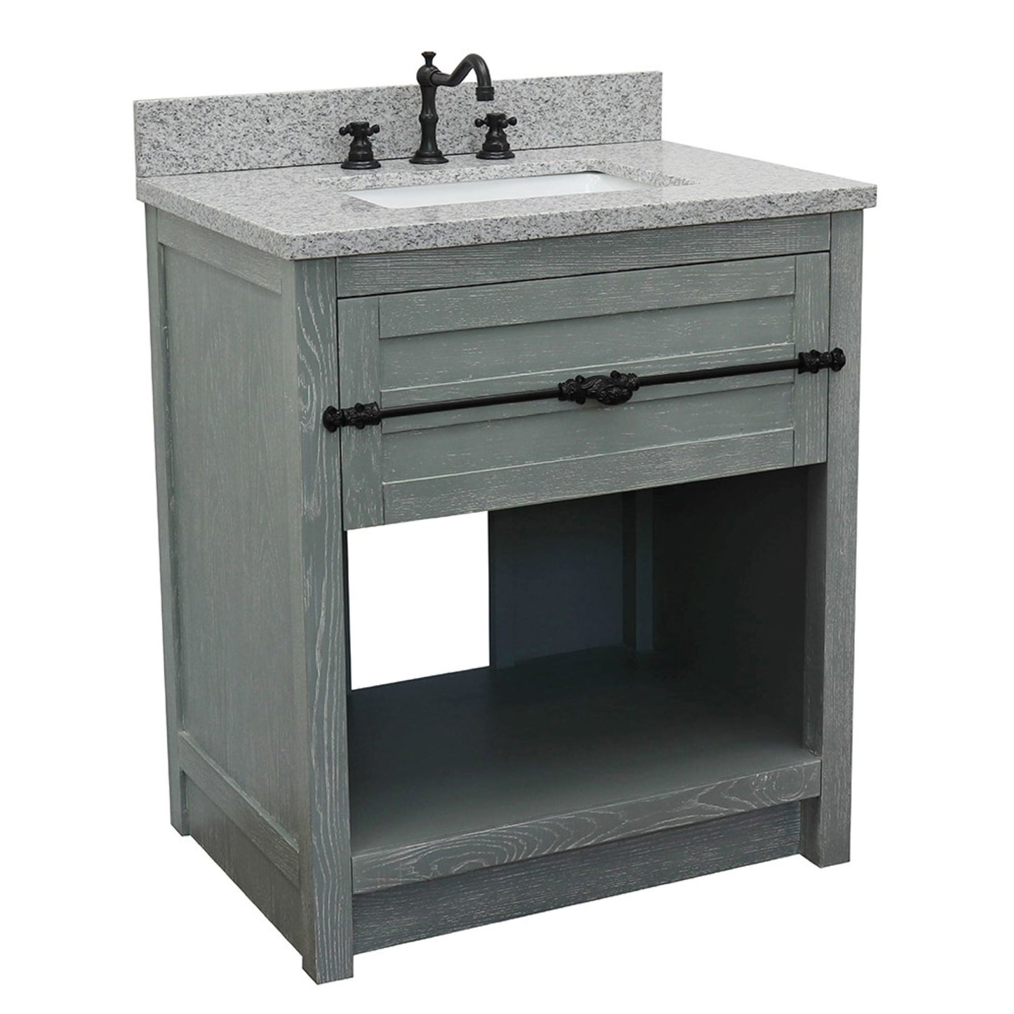 31" Single vanity in Gray Ash finish with Gray granite top and rectangle sink