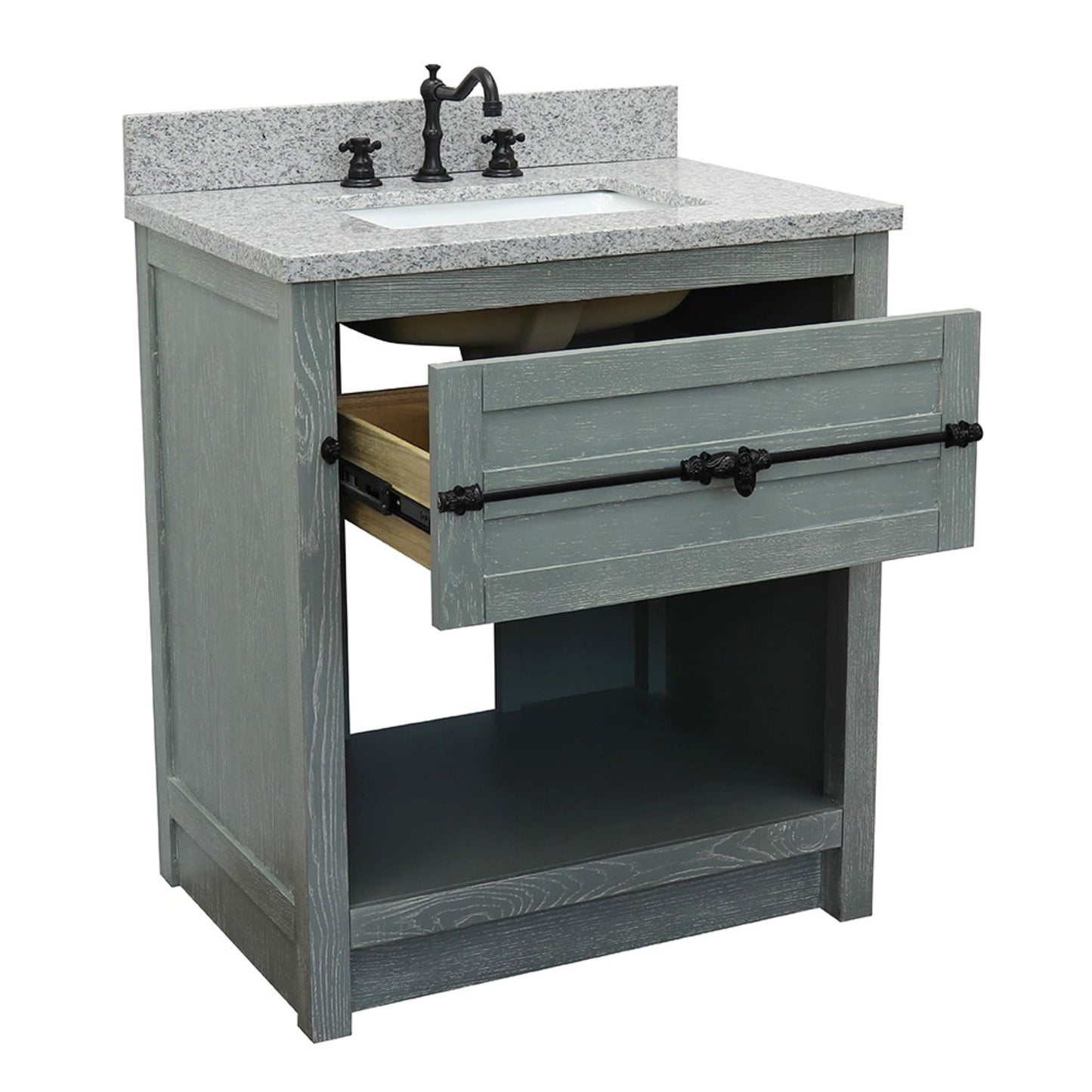 31" Single vanity in Gray Ash finish with Gray granite top and rectangle sink