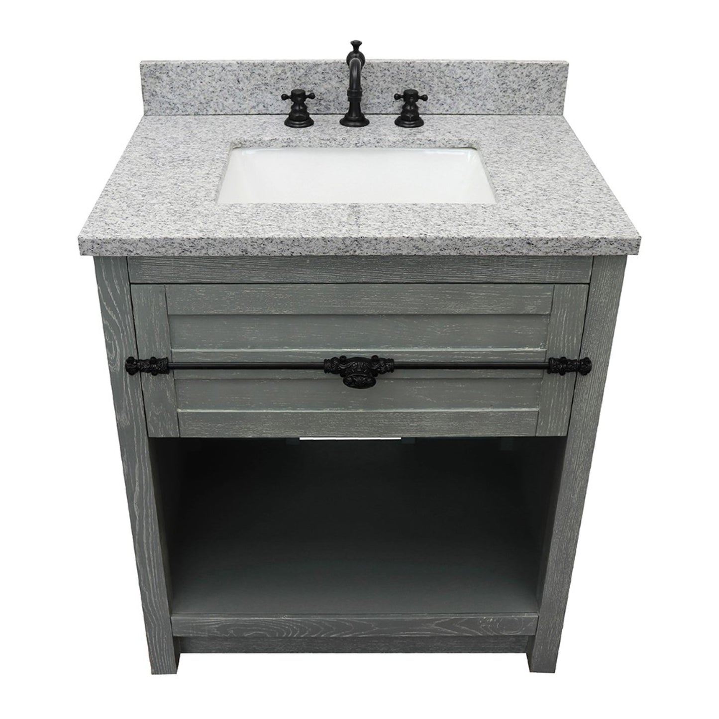 31" Single vanity in Gray Ash finish with Gray granite top and rectangle sink
