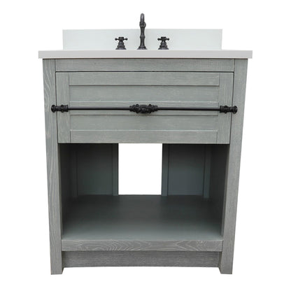 31" Single vanity in Gray Ash finish with White engineered stone top and oval sink