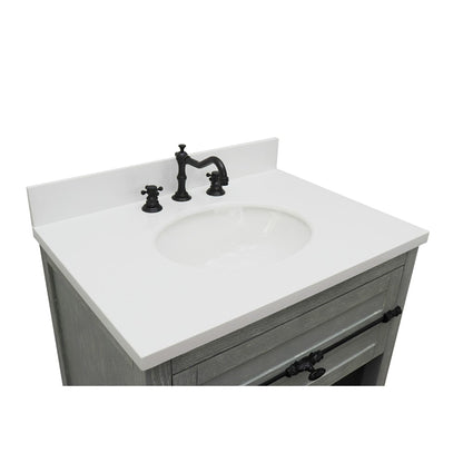 31" Single vanity in Gray Ash finish with White engineered stone top and oval sink