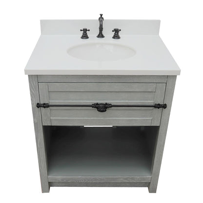 31" Single vanity in Gray Ash finish with White engineered stone top and oval sink
