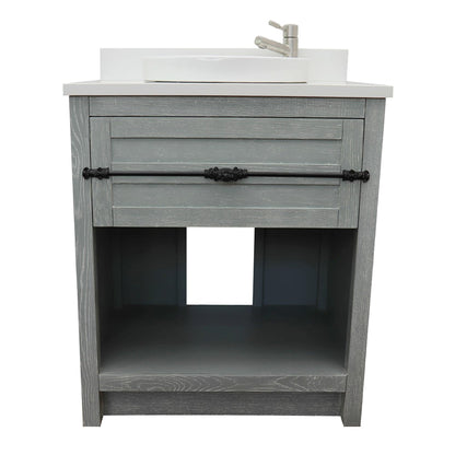 31" Single vanity in Gray Ash finish with White engineered stone top and round sink