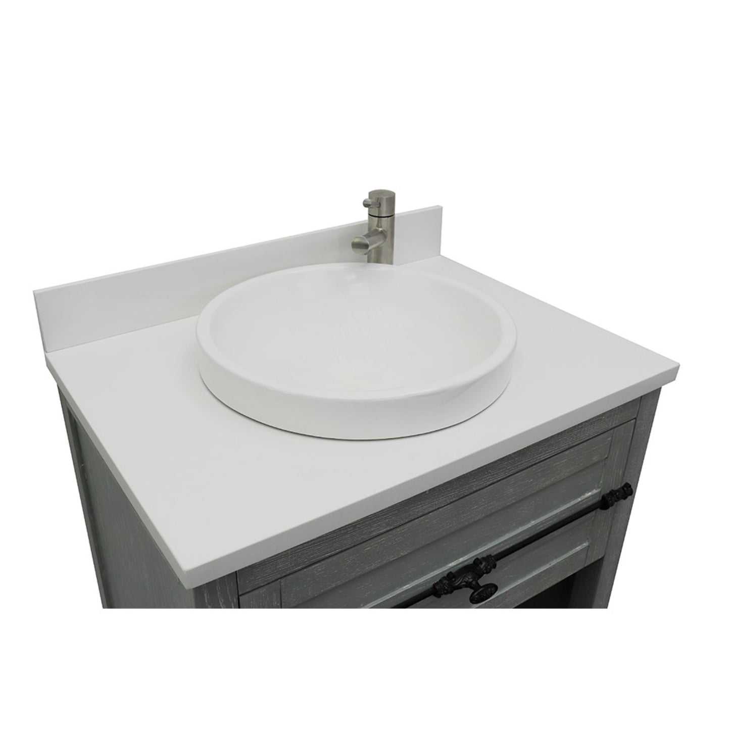 31" Single vanity in Gray Ash finish with White engineered stone top and round sink