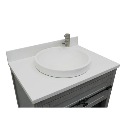 31" Single vanity in Gray Ash finish with White engineered stone top and round sink
