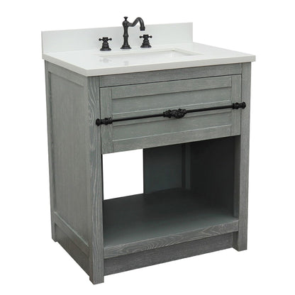 31" Single vanity in Gray Ash finish with White engineered stone top and rectangle sink