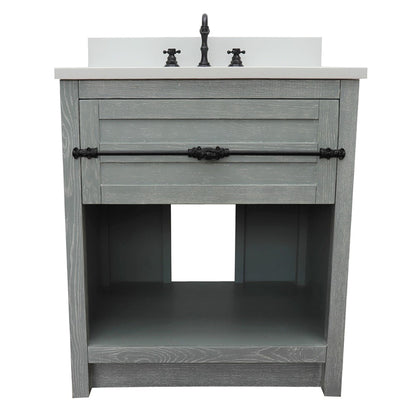 31" Single vanity in Gray Ash finish with White engineered stone top and rectangle sink