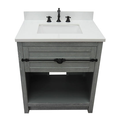 31" Single vanity in Gray Ash finish with White engineered stone top and rectangle sink