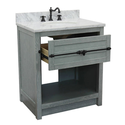 31" Single vanity in Gray Ash finish with White Carrara top and oval sink