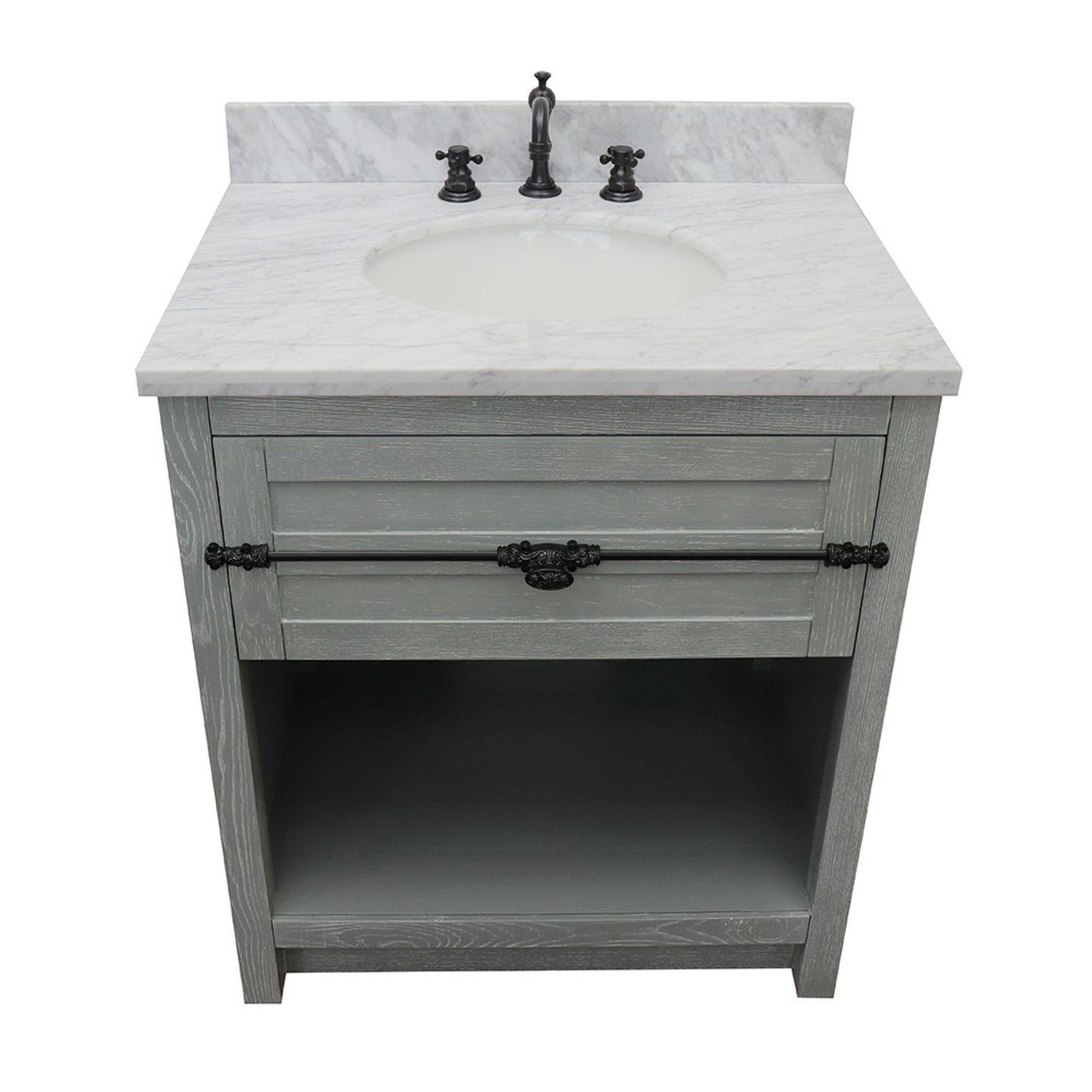 31" Single vanity in Gray Ash finish with White Carrara top and oval sink