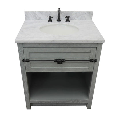 31" Single vanity in Gray Ash finish with White Carrara top and oval sink
