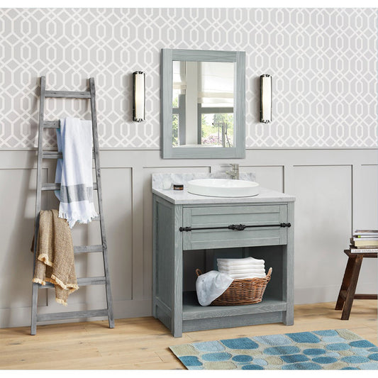 31" Single vanity in Gray Ash finish with White Carrara top and round sink