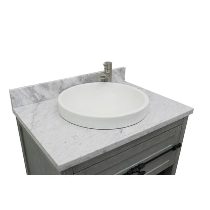 31" Single vanity in Gray Ash finish with White Carrara top and round sink