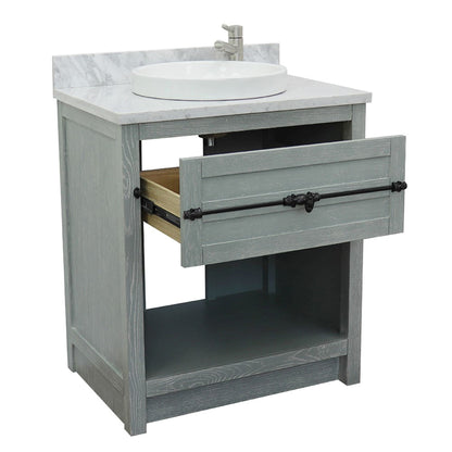31" Single vanity in Gray Ash finish with White Carrara top and round sink