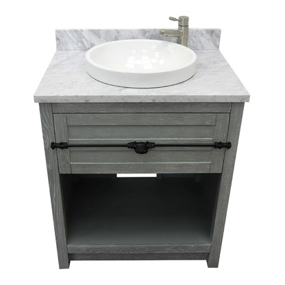 31" Single vanity in Gray Ash finish with White Carrara top and round sink