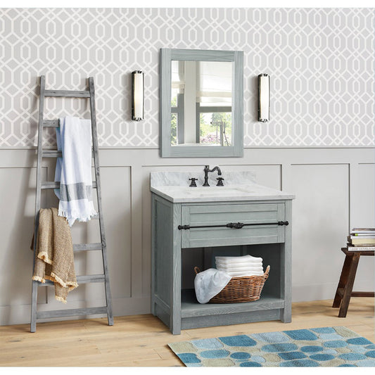31" Single vanity in Gray Ash finish with White Carrara top and rectangle sink