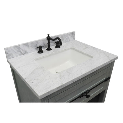 31" Single vanity in Gray Ash finish with White Carrara top and rectangle sink