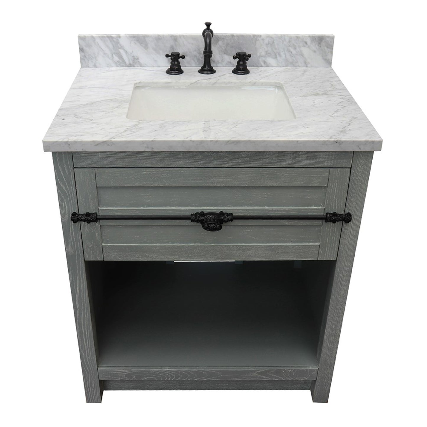 31" Single vanity in Gray Ash finish with White Carrara top and rectangle sink