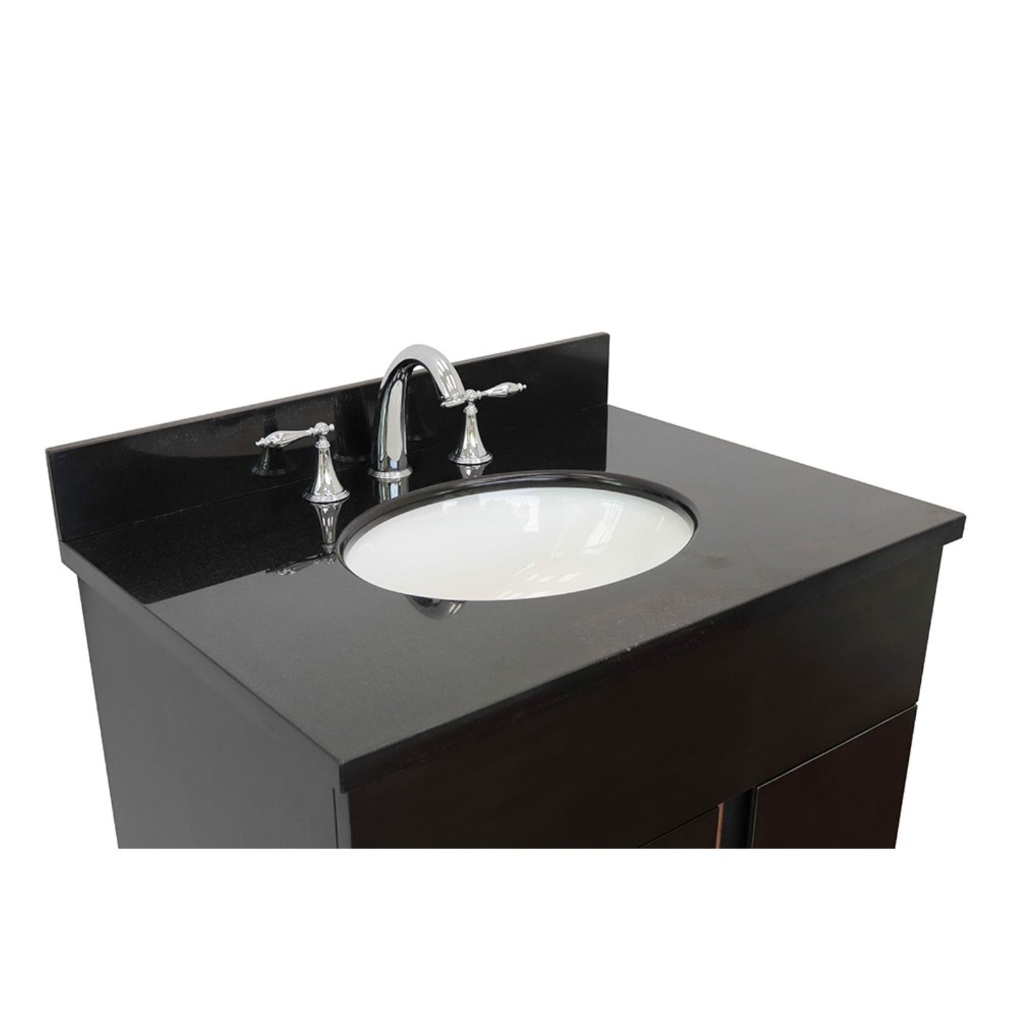 31" Single vanity in Silvery Brown finish with Black Galaxy top and oval sink