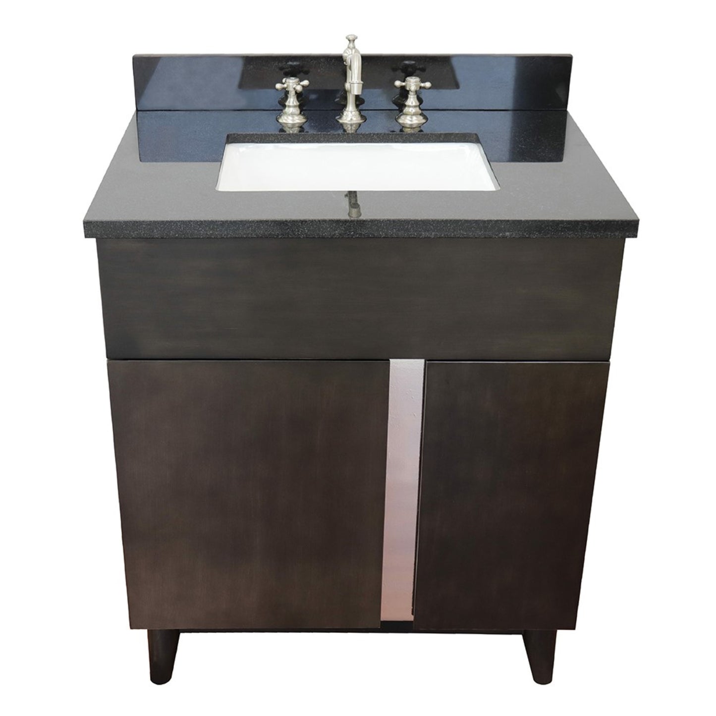 31" Single vanity in Silvery Brown finish with Black Galaxy top and rectangle sink